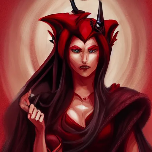 Image similar to Dungeons and Dragons character art for a female tiefling with red skin, horns, and a black cloak