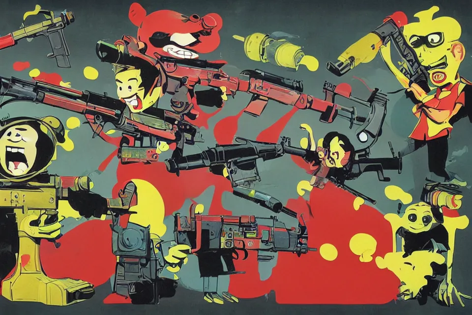 Prompt: 3 concept illustrations supersoaker water guns, by jamie hewlett