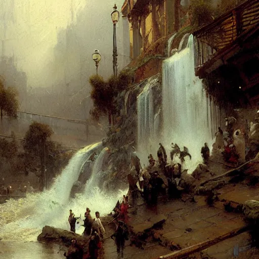 Image similar to waterfall flooding an entire city. victorian age. highly detailed painting by gaston bussiere, craig mullins, j. c. leyendecker