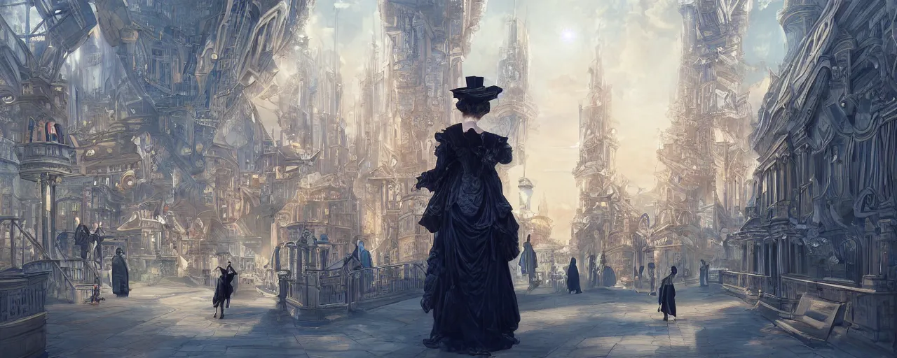 Prompt: portrait of a victorian lady in a futuristic city, from behind, streets, beautiful, fully open sky, side buildings, highly detailed, digital painting