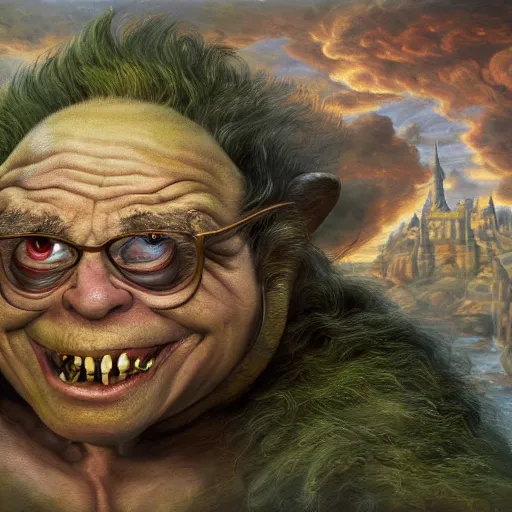 Image similar to Danny Devito as Mystical Gollum, Realistic, Regal, Refined, Detailed Digital Art, Michael Cheval, Walt Disney (1937), François Boucher, Oil Painting, Steampunk, Highly Detailed, Cinematic Lighting, Unreal Engine, 8k