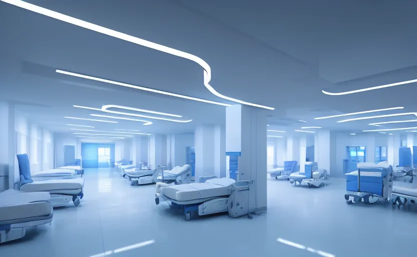 Image similar to a hospital with soft blue lights in the roof, octane render, artstation trending, highly detailded