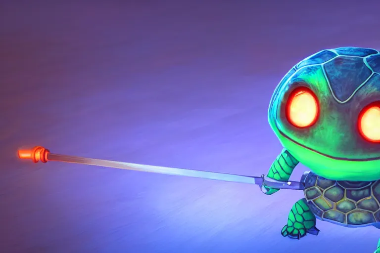 Prompt: a cute little chibi turtle with swords standing, dramatic led lights in blue and orange, unreal engine, 8k, pixar style