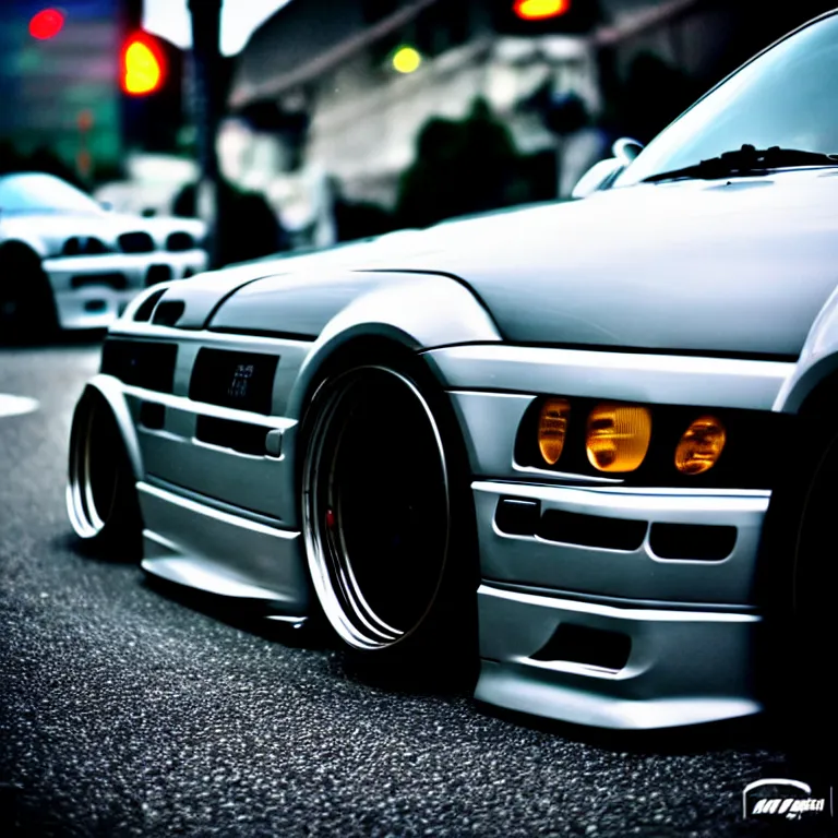 Prompt: close-up-photo BMW E36 turbo illegal night meet, work-wheels, Shibuya shibuya shibuya, roadside, cinematic color, photorealistic, deep dish wheels, highly detailed, custom headlights