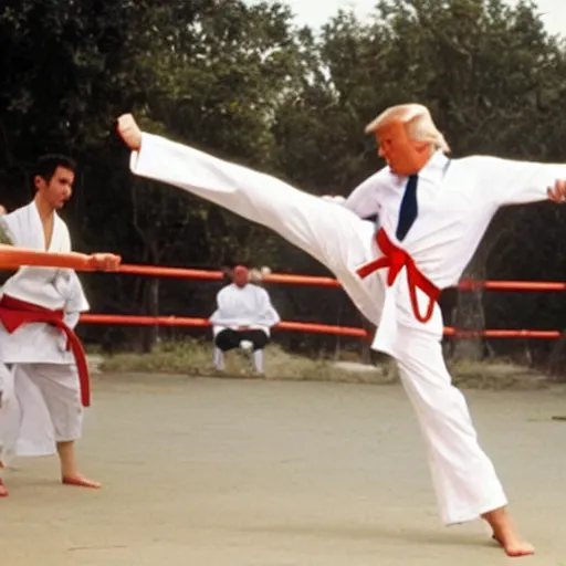 Image similar to still of donald trump as the karate kid, crane kick