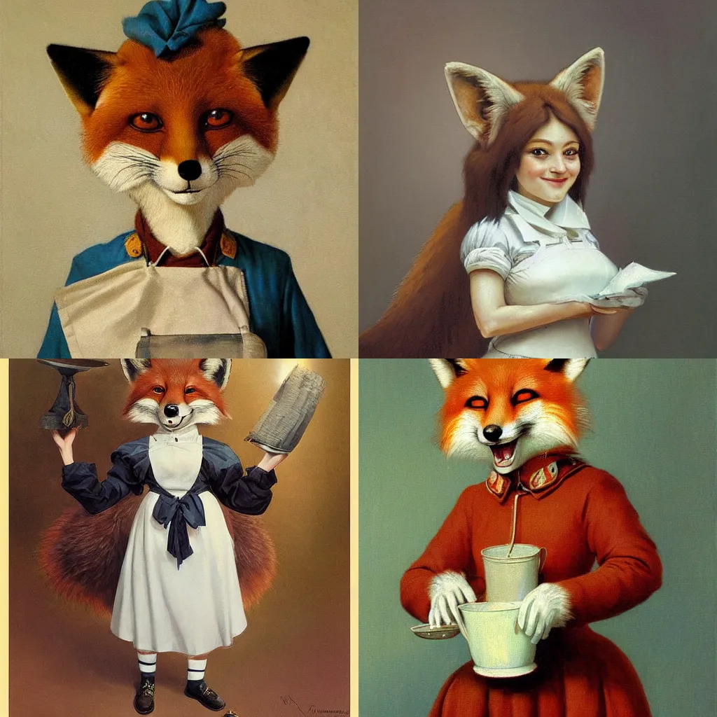 Prompt: Cute smiling anthropomorphic fox-woman in a maid uniform, painted by Ivan Kramskoi