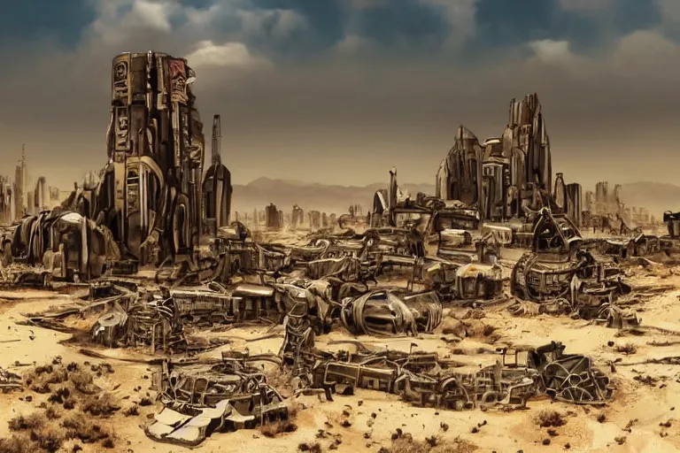 Prompt: desert landscape futuristic city ruins fallout post apocalyptic burning robot