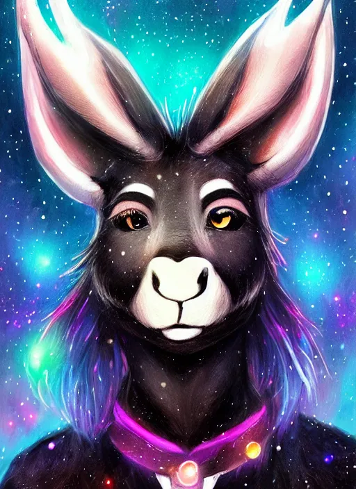 Image similar to award winning beautiful portrait commission of a male furry anthro Black Reindeer fursona with a tail, wings and a cute beautiful attractive detailed furry face wearing stylish black and rainbow galaxy clothes in a outerspace city at night while it rains. Character design by charlie bowater, ross tran, artgerm, and makoto shinkai, detailed, inked, western comic book art