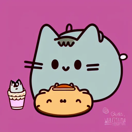 Prompt: Pusheen cat eating a small empanada 🥟, vector illustration, transparent background