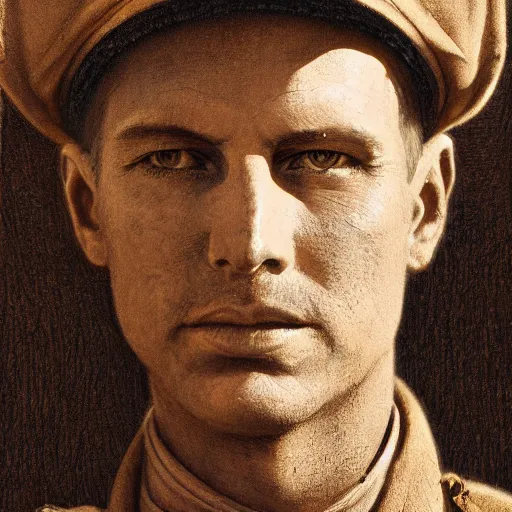 Image similar to a detailed photorealistic sepia - toned color portrait painting of a 1 9 1 7 worried clean - shaven british lieutenant in detailed field gear wearing a finely - detailed pith helmet in wadi rum, ultra realistic, intricate details, lovecraft, atmospheric, dark, horror, brooding, highly detailed, by clyde caldwell