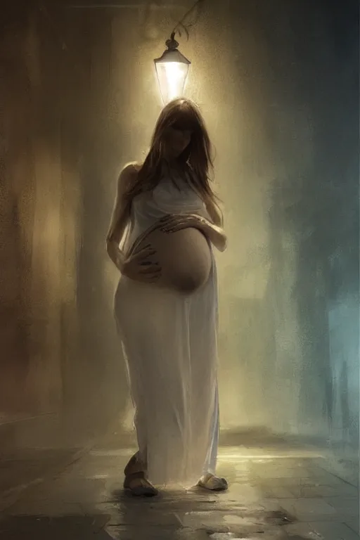 Image similar to pregnant woman under street light, highly detailed, sharp focused, ultra realistic digital concept art by Ruan Jia, Alyssa Monks, Stanley Artgerm