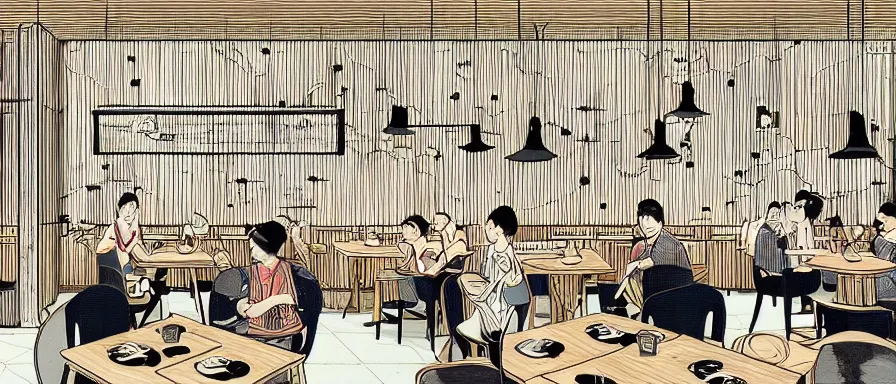 Image similar to a beautiful interior view illustration of a small roasted string hotpot restaurant in yan'an city, restaurant wall paper is a tower on a mountain, rectangle white porcelain table, people are eating, black chair, animation illustrative style, from china, simple style structure decoration design, victo ngai, james jean, 4 k hd