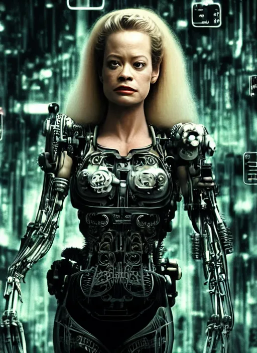 Prompt: 35mm portrait of an intricate and sophisticated borg with the face of young Jeri Ryan , on the background of a weird magical mechanical forest. Round gears visible inside her hear. Very detailed 8k. Fantasy cyberpunk horror. Sharp. Cinematic post-processing