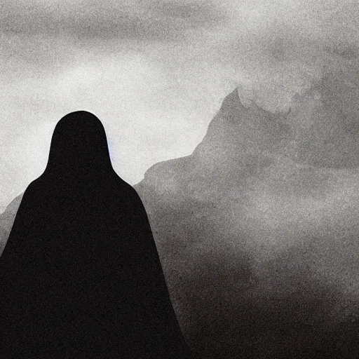 Image similar to dark figure with tattered cloak with skull instead of head on a mountain in gloomy fog, atmospheric lightning