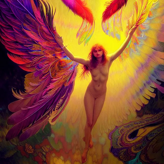 Prompt: psychedelic transcendent feather mind bending psychedelic wings of glossy liquid honey flowing like kaleidoscopic translucent holograph, lsd feathers, feathery fluff, enlightenment, high contrast dappled lighting, refracted sunset, highly detailed, concept art, art by collier, albert aublet, krenz cushart, artem demura, alphonse mucha