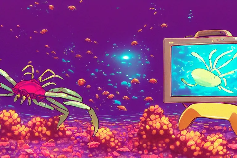 Image similar to cute anime - crab underwater, in 2 0 1 2, bathed in the the glow of a crt television, crabcore, low - light photograph, anime key art