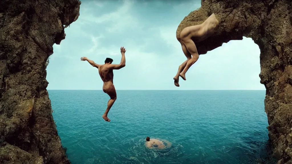 Image similar to a man cliff jumping into waters that are actually a portal to another dimension, film still from the movie directed by Denis Villeneuve with art direction by Salvador Dalí, wide lens