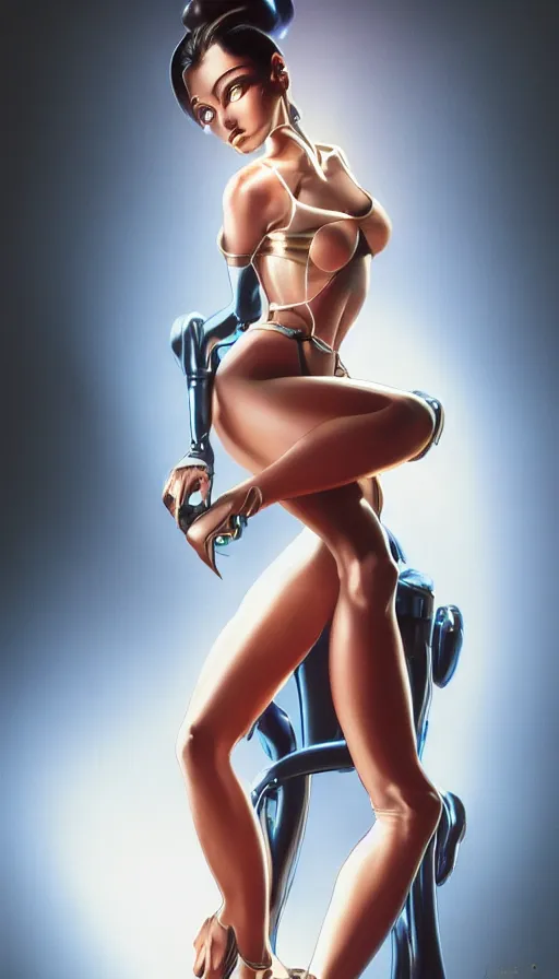 Prompt: beauty Alita woman sitting on a stool, dramatic lighting, mechanical details, electrical details, high details, 4k, 8k, trending on artstation, by Hajime Sorayama and Boris Vallejo