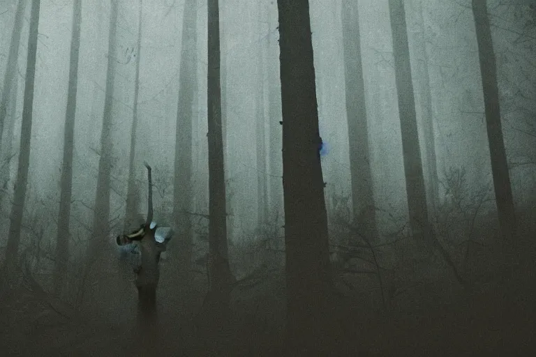 Prompt: a close shot of an ominous alien being standing in a forest, detailed, mythical, mist, depressing, tired, dark, lush, nature, mist, mystery, glows, somber, dismal, fog, heavy fog, dark lighting, rim light, glow, ambient light,