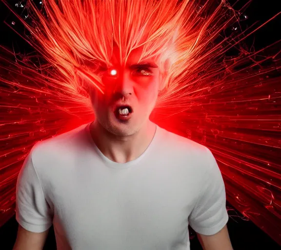 Image similar to hyper realistic portrait of a man with blonde two sides hair and thin face lines, he is throwing red lasers with his eyes and is very angry