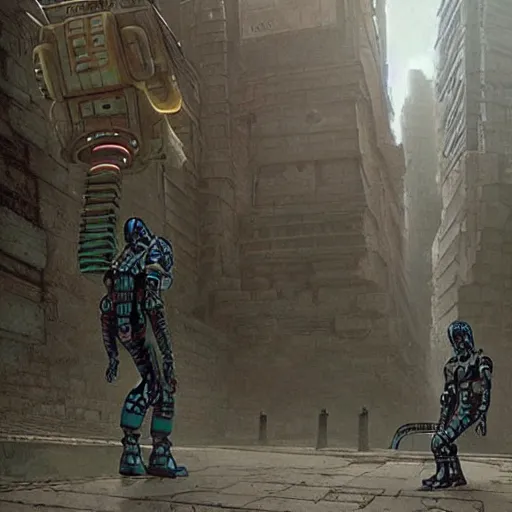 Image similar to mayan cyberpunk robot golem striding through streets of city, perfectly clear face, shadow of the colossus screenshot by j. c. leyendecker, simon stalenhag, studio ghibli, and beksinski