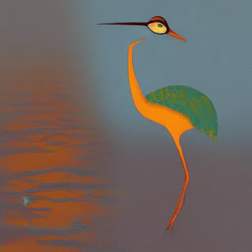 Image similar to a hybrid of a crane and a frog on the background of a blue sunset