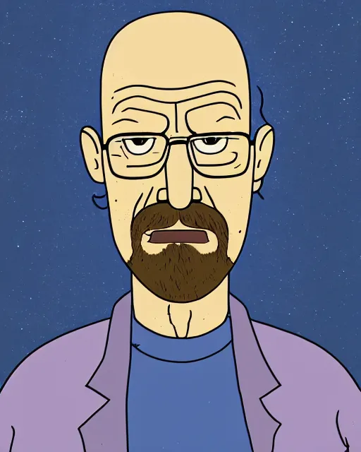 Image similar to portrait of walter white in the style of justin roiland. heisenberg from breaking bad. cinematic lighting. style of rick & morty. photographic, photography. by justin roiland