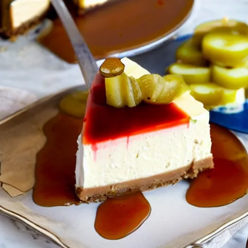 Prompt: Disgusting cheesecake made with gravy and pickles