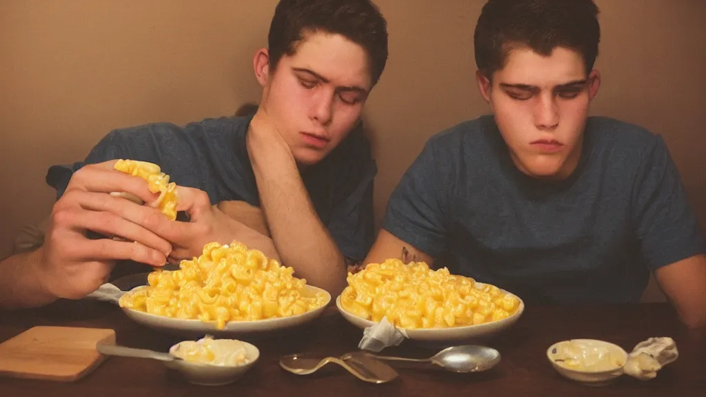 Image similar to mac and cheese soldierly portrait of a sad young dude 1 8 years old