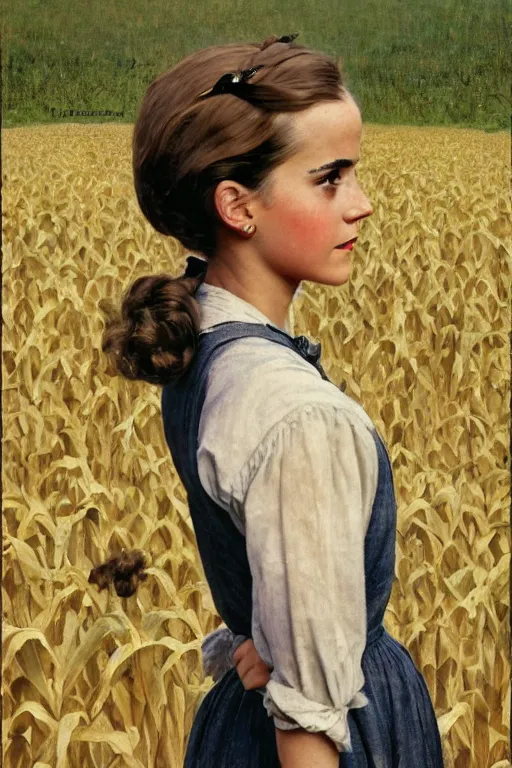 Image similar to Emma Watson in a corn field 1950s portrait by Norman Rockwell