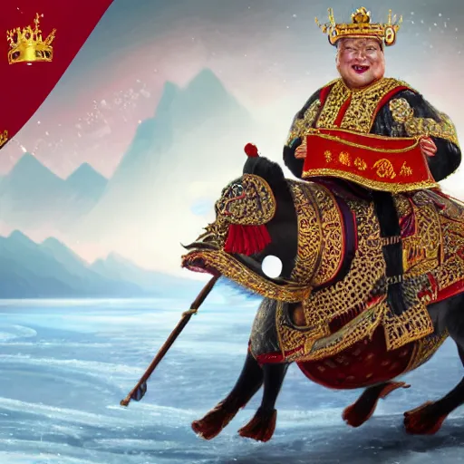 Image similar to an extremely realistic portrait depicting the coronation of xi jinping dressed in royal national costume, riding a hog on the frozen danube, close up, intricate, elegant, highly detailed, digital painting, artstation, concept art, smooth, sharp focus, illustration