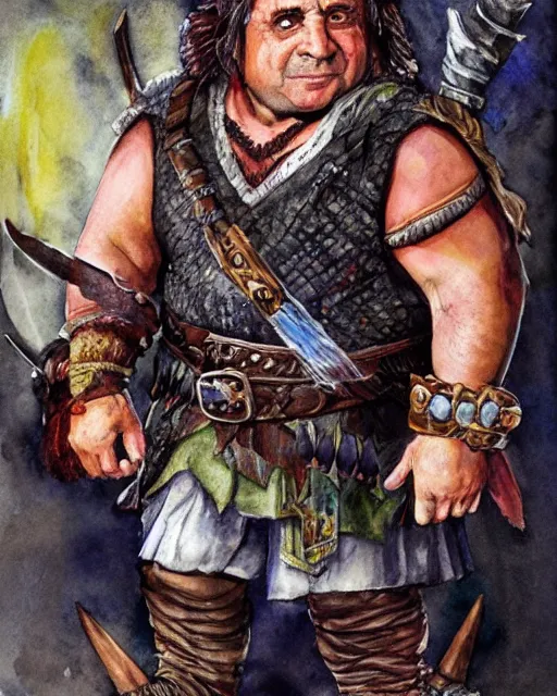 Image similar to Danny DeVito as a dwarf barbarian, water color, Dungeons and Dragons, Wizards of the Coast