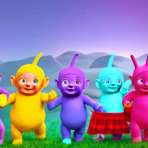 Image similar to the Teletubbies in the nightmare realm, trending on art station