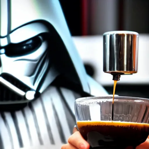 Prompt: a closeup photorealistic photograph of darth vader making a cappuccino on an espresso machine. film still, vibrant colors. this 4 k hd image is trending on artstation, featured on behance, well - rendered, extra crisp, features intricate detail, epic composition and the style of unreal engine.