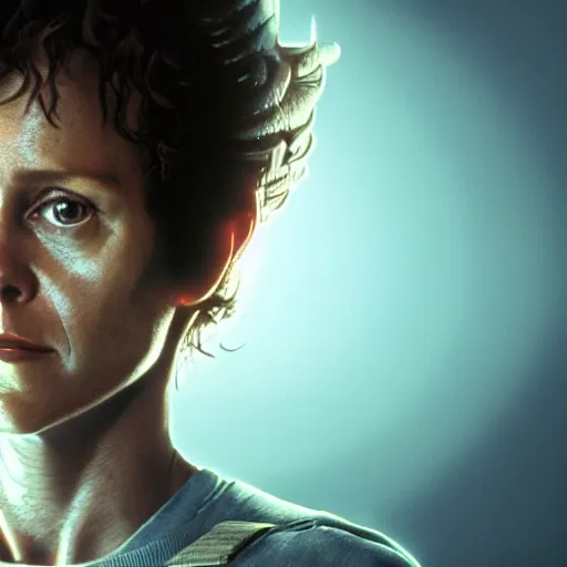 Image similar to a portrait of ellen ripley in alien, filmstill in the movie alien, ultrafine hyperdetailed illustration by kim jung gi, masterpiece. rendered in blender, smooth shadows, ultra detail, high resolution, unreal 6, 8 k