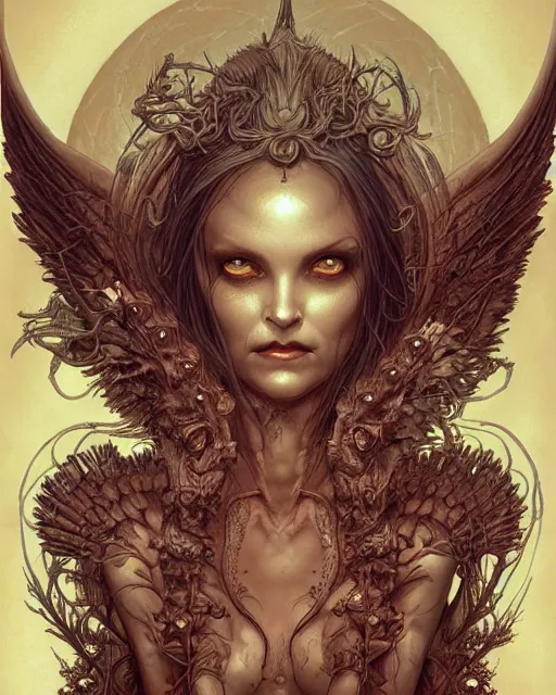 Image similar to perfectly centered portrait front view of a angry dead rotten beautiful female angel growing ornamentation all around, ornate, detailed, symmetrical, elegant, beautifully soft lit, by wayne barlowe, peter mohrbacher, kelly mckernan