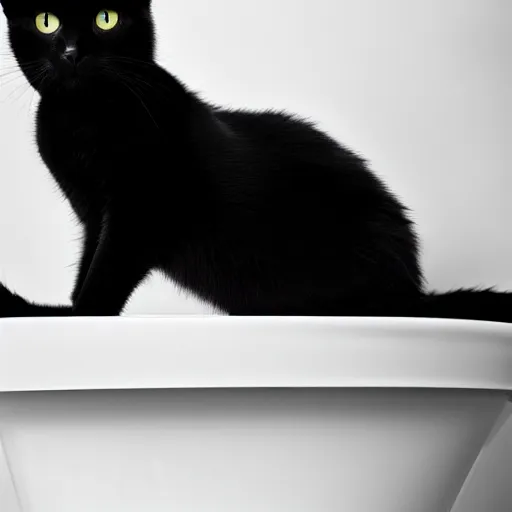 Image similar to national geographic photograph of a sleek black cat sitting in a white room