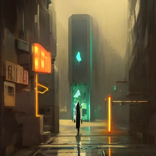 Image similar to concept art by greg rutkowski, a very tall and slender young man walking through the interior of a brutalist looking neighborhood full of holograms and shops while he smokes a cigarette, ambient lighting in neon tones, scifi, highly detailed portrait, digital painting, artstation, concept art, smooth, sharp foccus ilustration, artstation hq