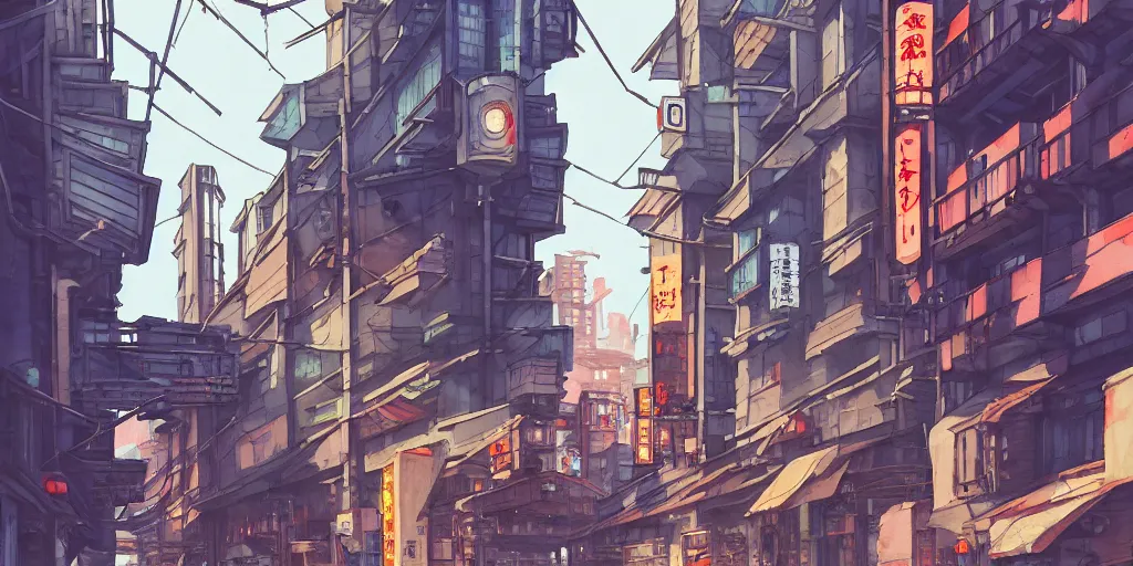 Image similar to japanese downtown, architecture, tokyo street, stylized, alleyway, in watercolor gouache detailed paintings, artstation, 8 k, big medium small, overwatch building, insanely detail, arcane, simon stalenhag, cyberpunk, food stall