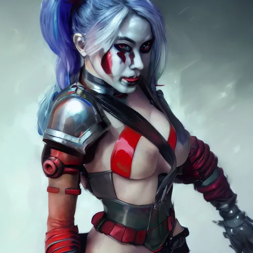Prompt: portrait of anime Harley Quinn in bikini armor, dc comics, cyberpunk, Warhammer 40000, dark fantasy, digital art from artstation by Ruan Jia and Mandy Jurgens and Artgerm and william-adolphe bouguereau
