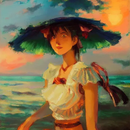 Image similar to Beautiful portrait of Kirisame Marisa at sunset on the beach, touhou project, oil painting by Antoine Blanchard, sold at an auction, oil on canvas, official artwork , wide strokes, pastel colors, soft lighting