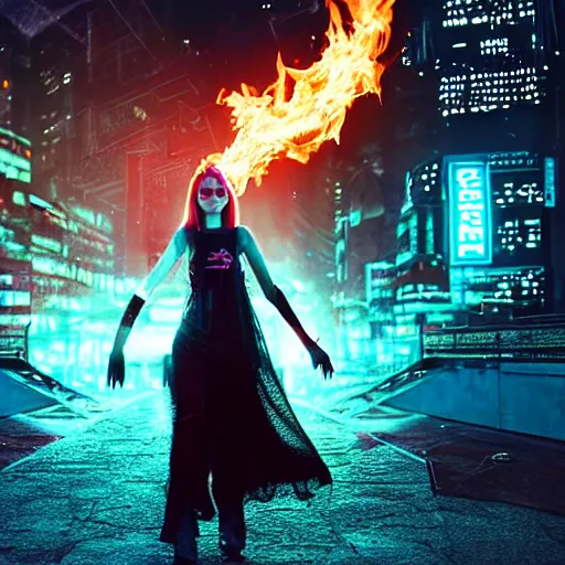 Image similar to a girl like (yoona, Elle Fanning), casting fire spell, background cyberpunk city, full shot, photo, volumetric lighting, epic composition, intricate details, dark neon punk, by KDA