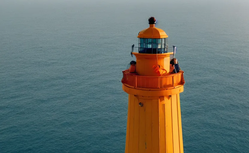 Image similar to a woman standing at the top of a lighthouse using binoculars, a screenshot by wes anderson, tumblr, video art, wide lens, filmic, criterion collection, symmetry