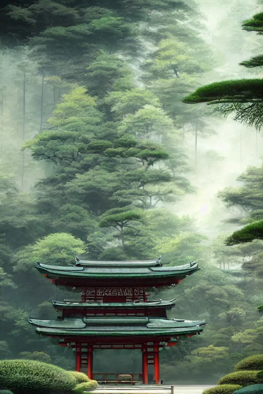 Image similar to Japanese Buddhist temple in the middle of a forest of bonsai and bamboo, powerfull, intricate, elegant, volumetric lighting, digital painting, highly detailed, artstation, sharp focus, illustration, concept art, ruan jia, steve mccurry