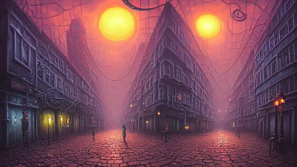 Image similar to empty lovecraftian Metropolis. cthulhu statue. lovecraftian city at sunset by cyril rolando and naomi okubo and dan mumford and ricardo bofill. lovecraft. cobbled streets. oil lamp posts. lovecraftian. sunset swirly sky.