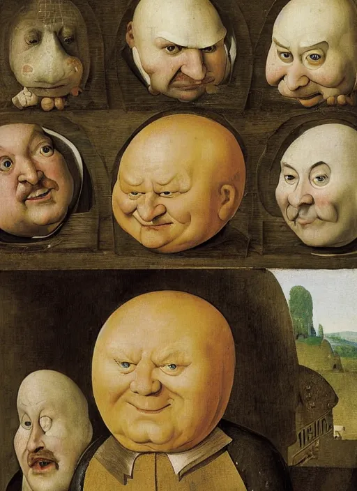 Prompt: carton of eggs with silly round humpty dumpty jack black facial expressions, realistic, by hieronymus bosch and pieter brueghel