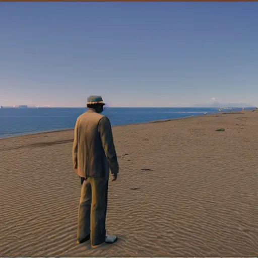 Prompt: kodak portra 8 0 0, an invisible man stands on the beach in gta v