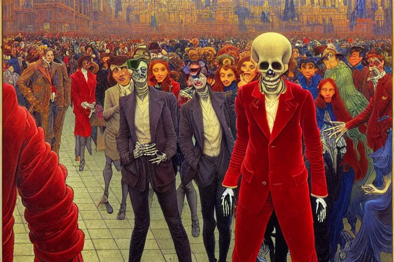 Image similar to realistic detailed portrait painting of a single skeleton wearing red velvet blazer in a crowded futuristic moscow street by Jean Delville, Amano, Yves Tanguy, Alphonse Mucha, Ernst Haeckel, Edward Robert Hughes, Roger Dean, rich moody colours, blue eyes