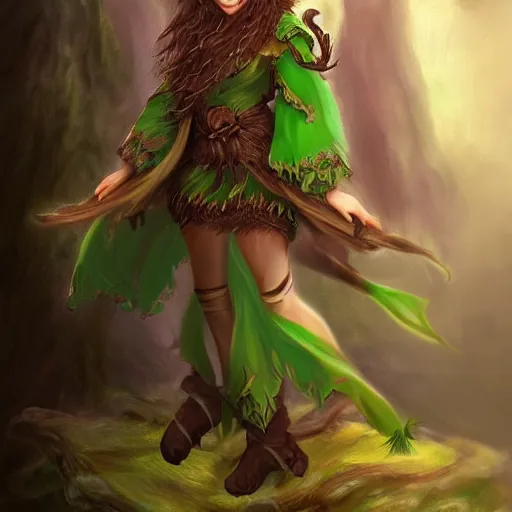 Image similar to elf druid with messy brown hair, green cloak, character art, trending on artstation,