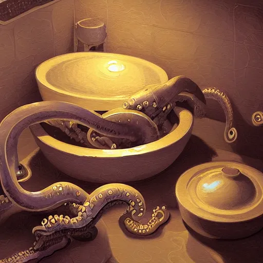 Image similar to toilet bowls with tentacles, digital artstation painting 8k intricate dramatic light